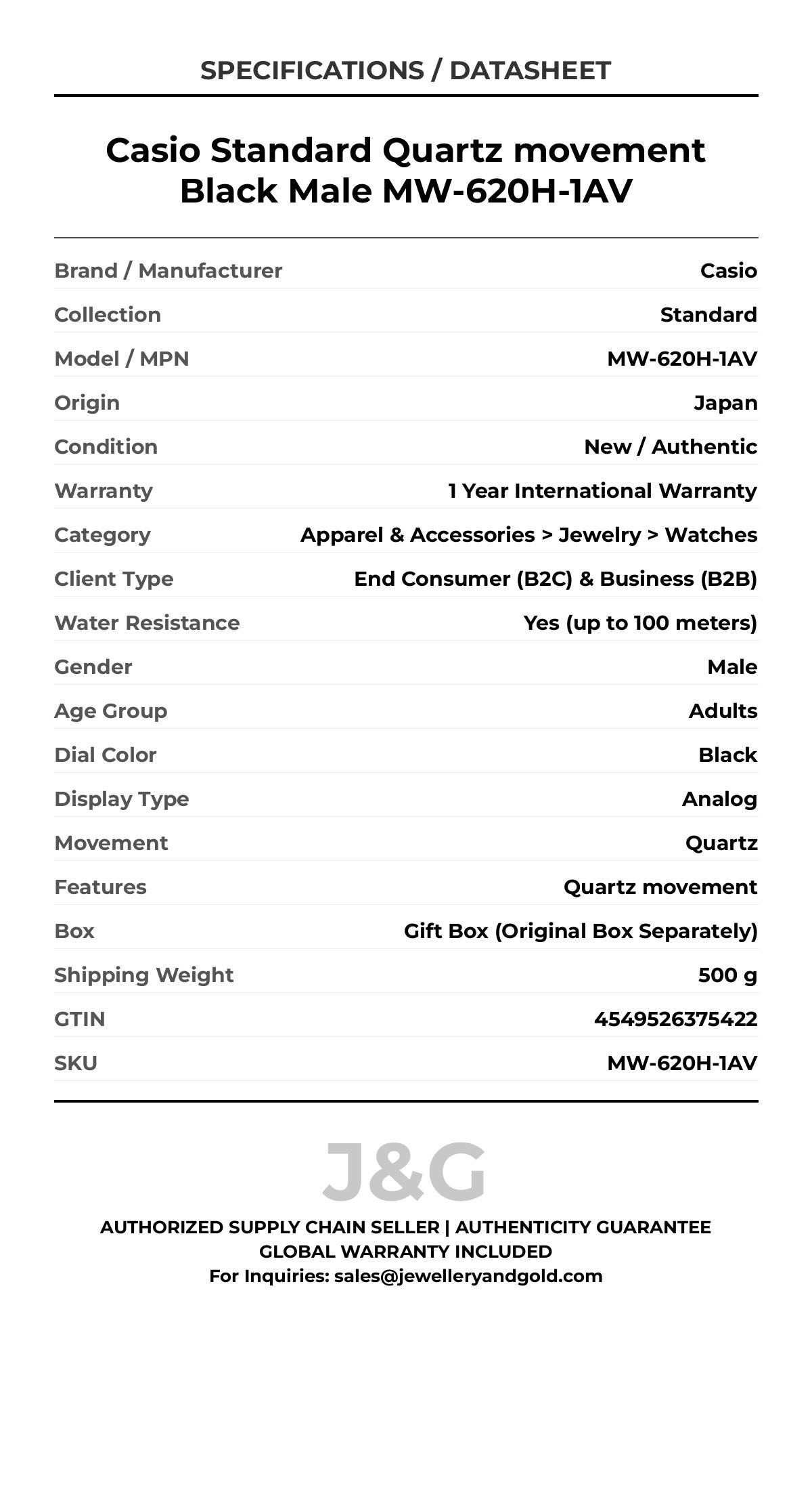 Casio Standard Quartz movement Black Male MW-620H-1AV - Specifications