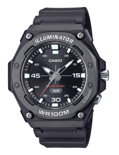 Casio Standard Quartz movement Black Male MW-620H-1AV. A brand-new Casio Standard watch featuring a Black dial. Angled view.