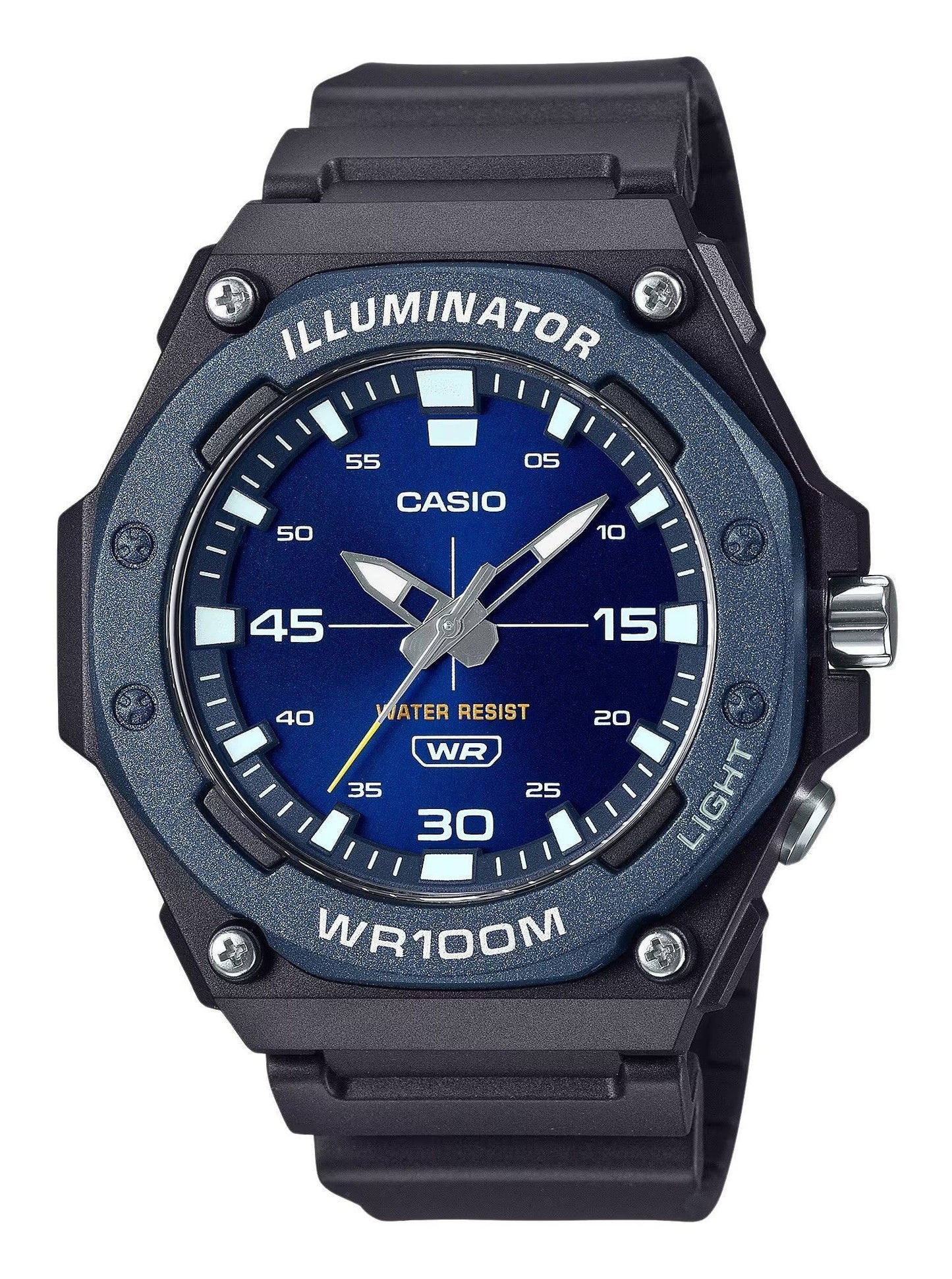 Casio Standard Quartz movement Blue Male MW-620H-2AV. A brand-new Casio Standard watch featuring a Blue dial. Side view.