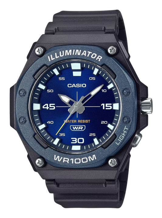Casio Standard Quartz movement Blue Male MW-620H-2AV. A brand-new Casio Standard watch featuring a Blue dial. Side view.