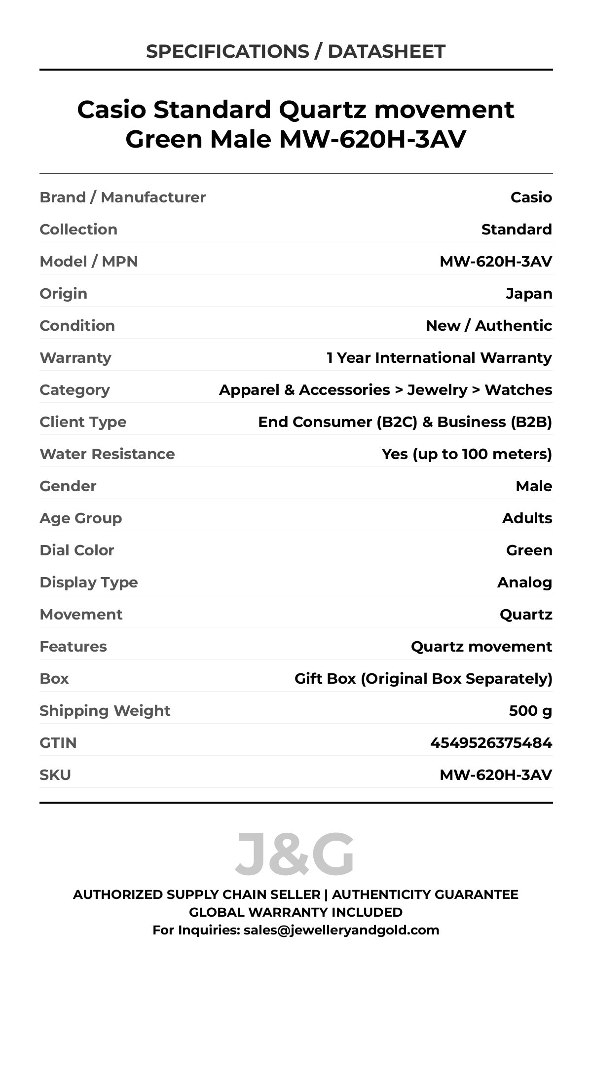 Casio Standard Quartz movement Green Male MW-620H-3AV - Specifications