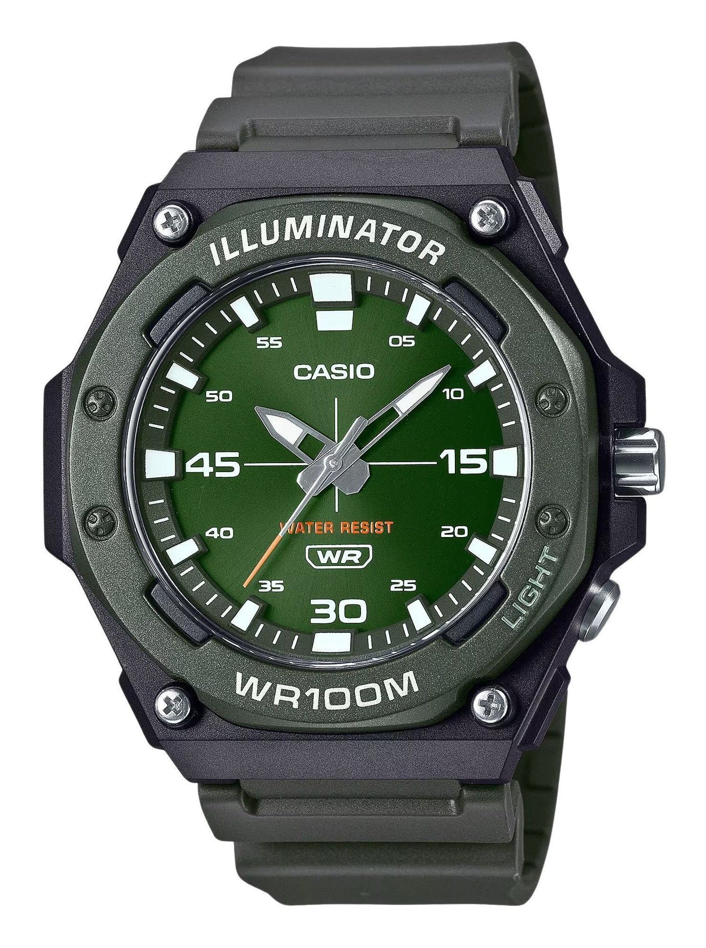 Casio Standard Quartz movement Green Male MW-620H-3AV. A brand-new Casio Standard watch featuring a Green dial. Angled view.