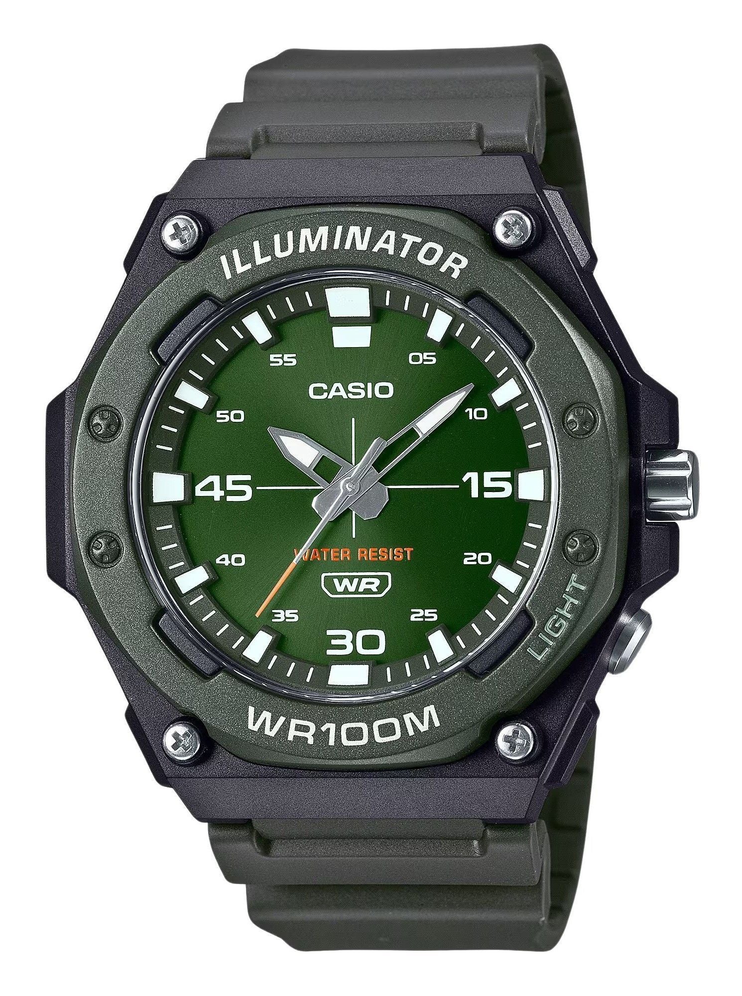 Casio Standard Quartz movement Green Male MW-620H-3AV. A brand-new Casio Standard watch featuring a Green dial. Angled view.