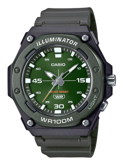 Casio Standard Quartz movement Green Male MW-620H-3AV. A brand-new Casio Standard watch featuring a Green dial. Angled view.