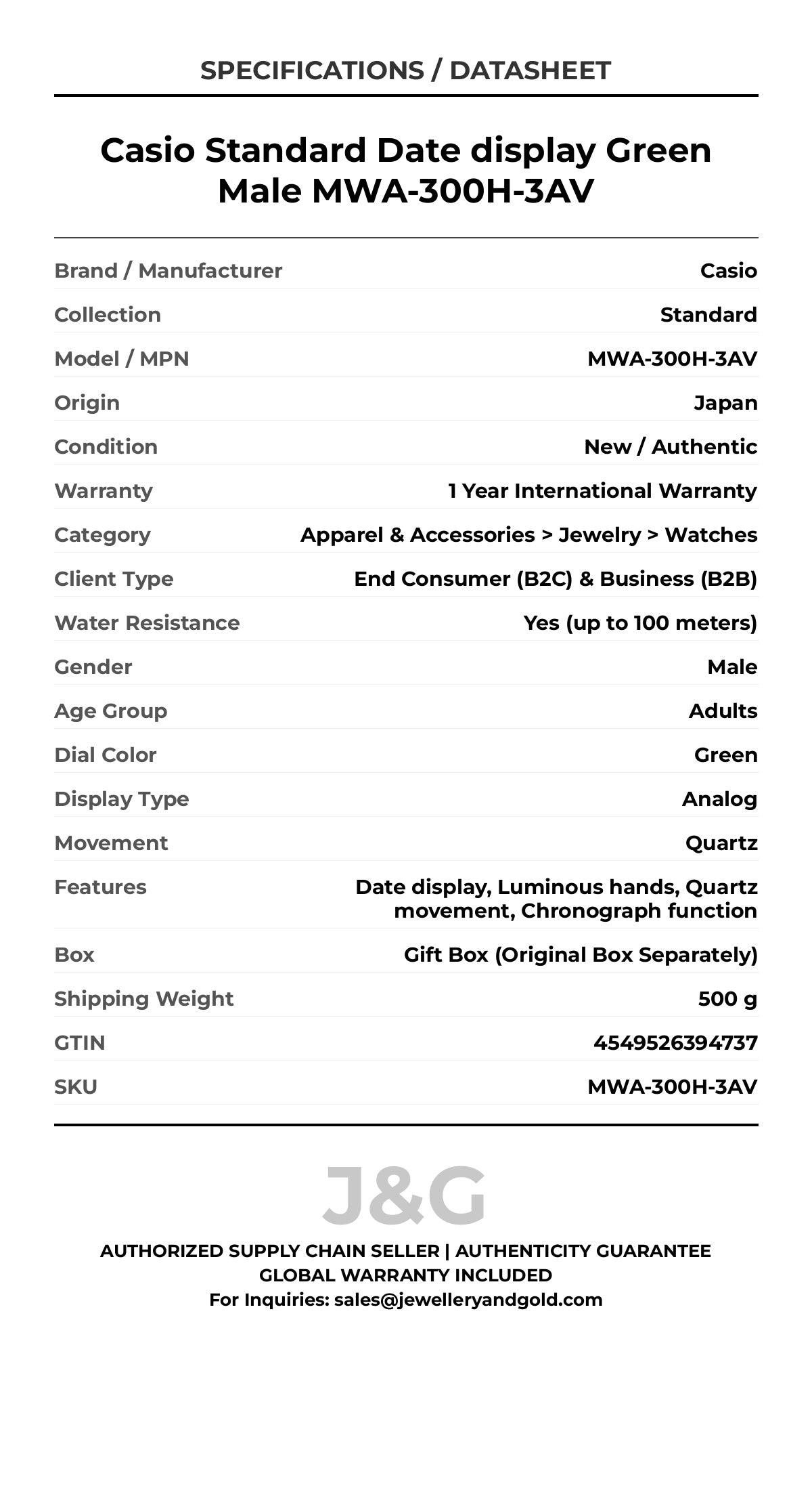 Casio Standard Date display Green Male MWA-300H-3AV - Specifications