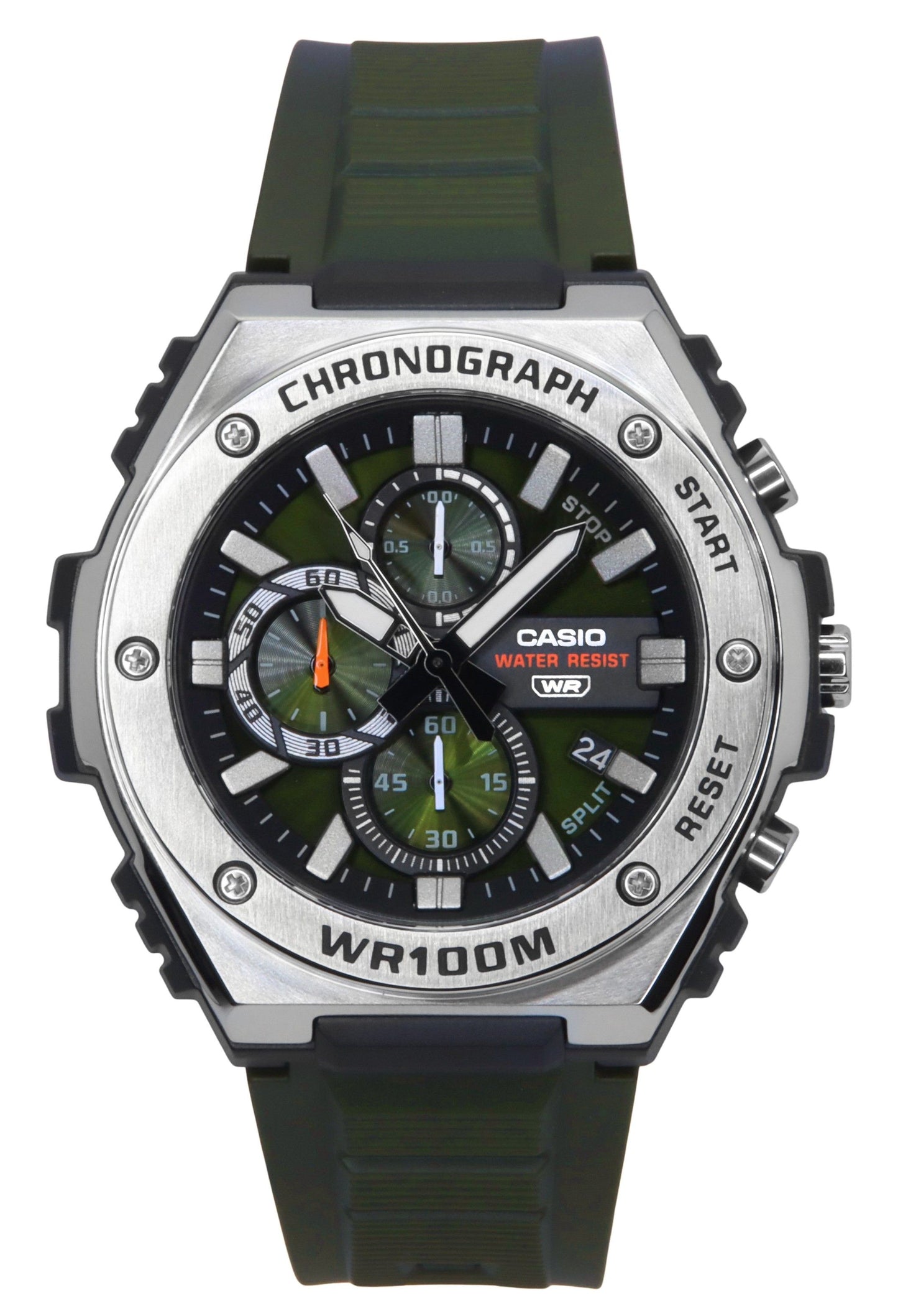 Casio Standard Date display Green Male MWA-300H-3AV. A brand-new Casio Standard watch featuring a Green dial. Angled view.