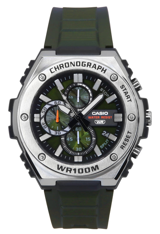 Casio Standard Date display Green Male MWA-300H-3AV. A brand-new Casio Standard watch featuring a Green dial. Angled view.