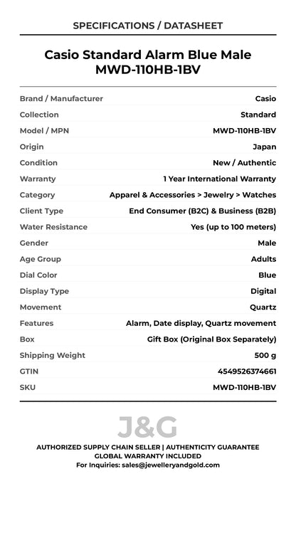 Casio Standard Alarm Blue Male MWD-110HB-1BV - Specifications