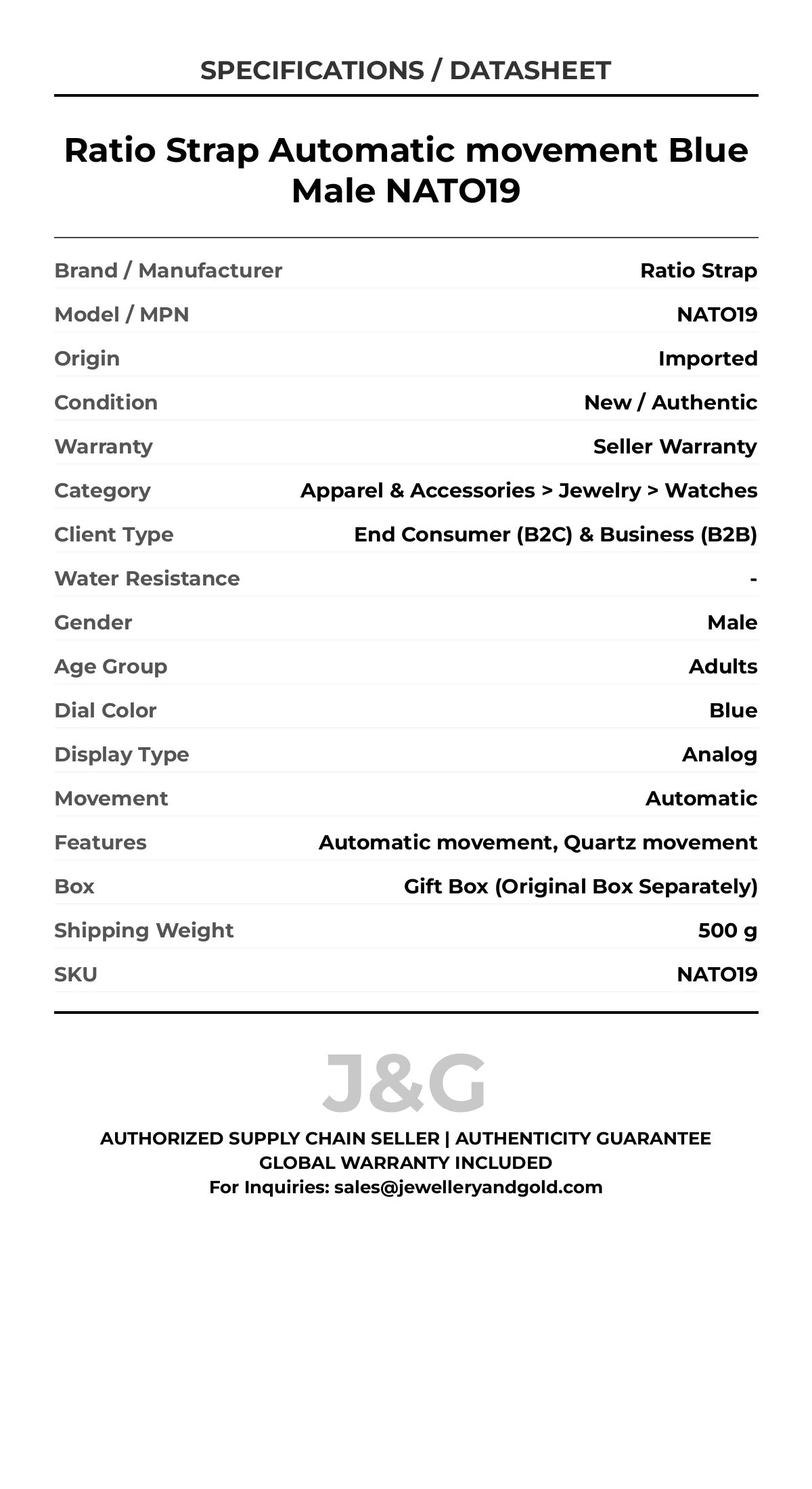 Ratio Strap Automatic movement Blue Male NATO19 - Specifications