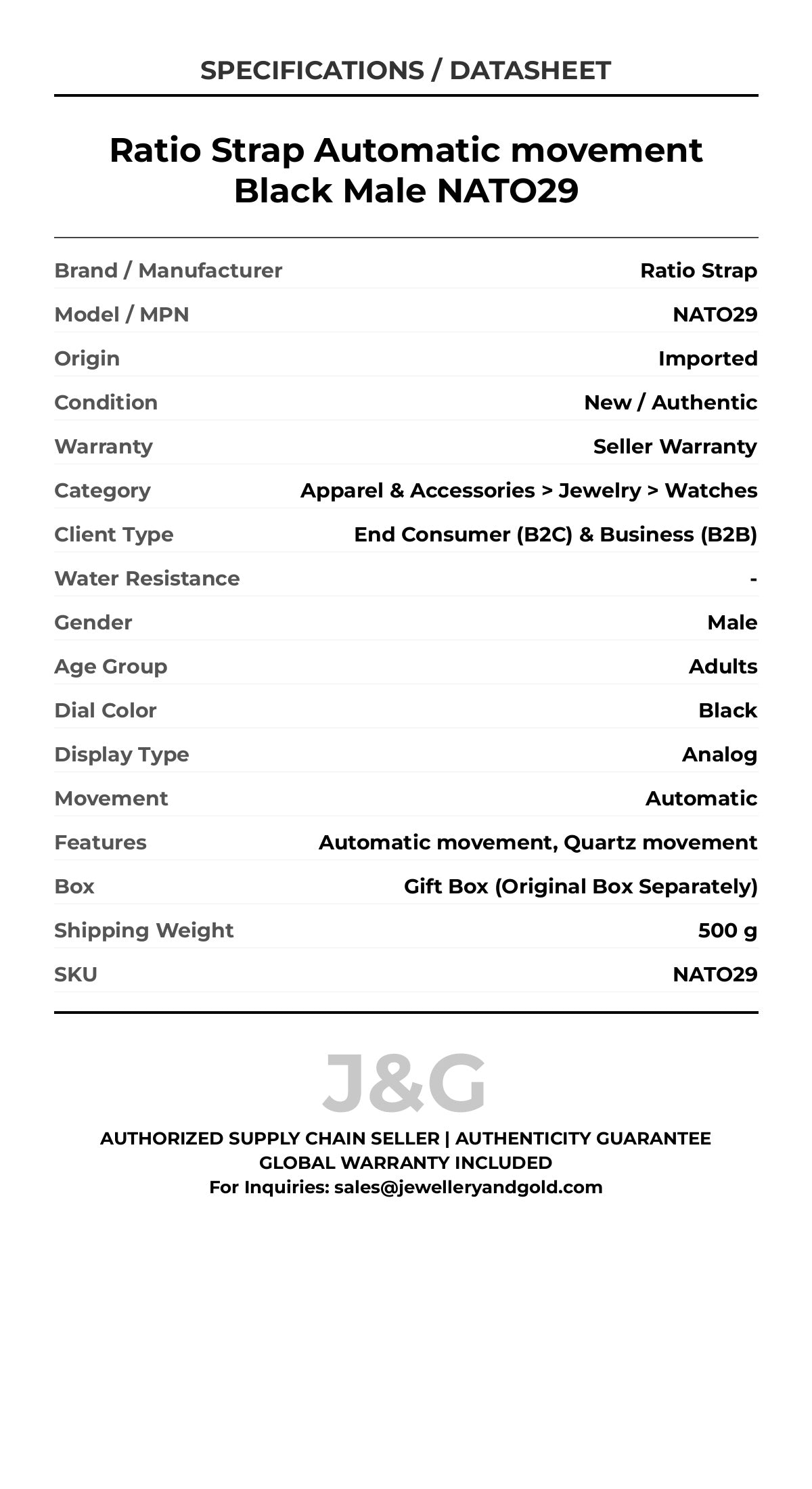 Ratio Strap Automatic movement Black Male NATO29 - Specifications