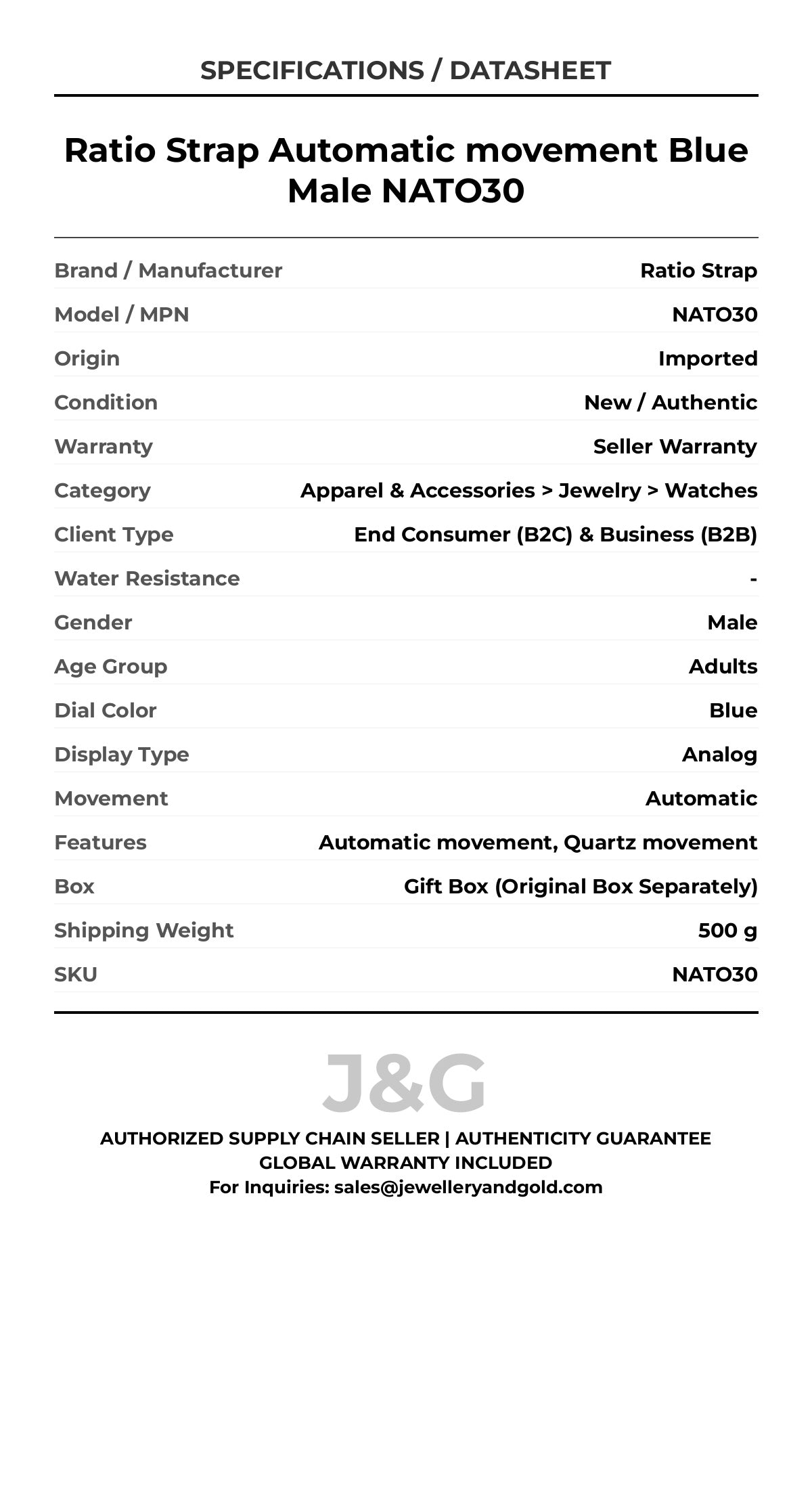 Ratio Strap Automatic movement Blue Male NATO30 - Specifications