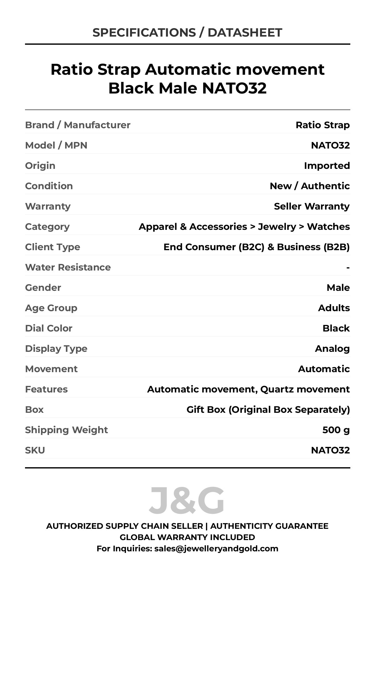 Ratio Strap Automatic movement Black Male NATO32 - Specifications