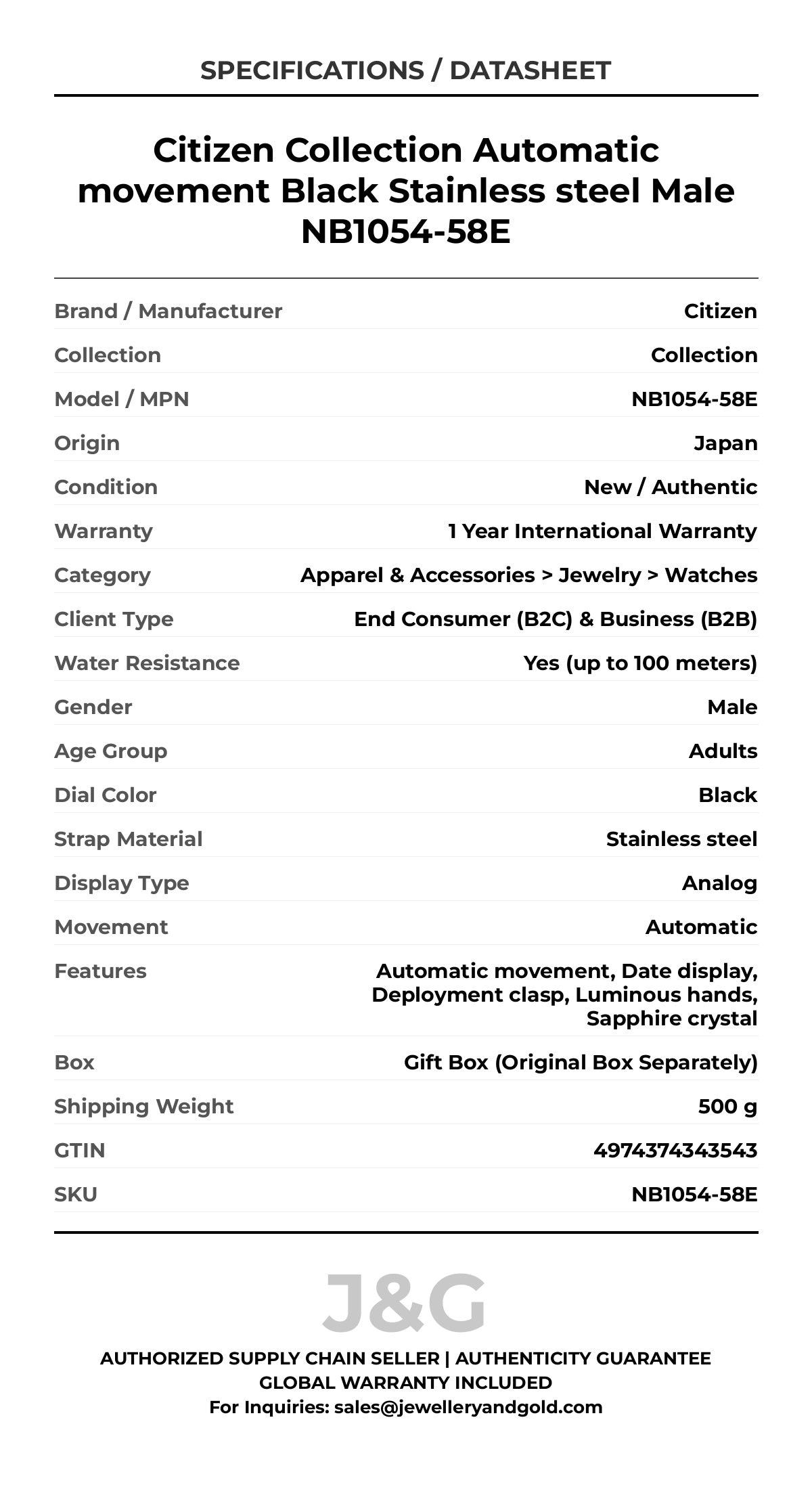Citizen Collection Automatic movement Black Stainless steel Male NB1054-58E - Specifications