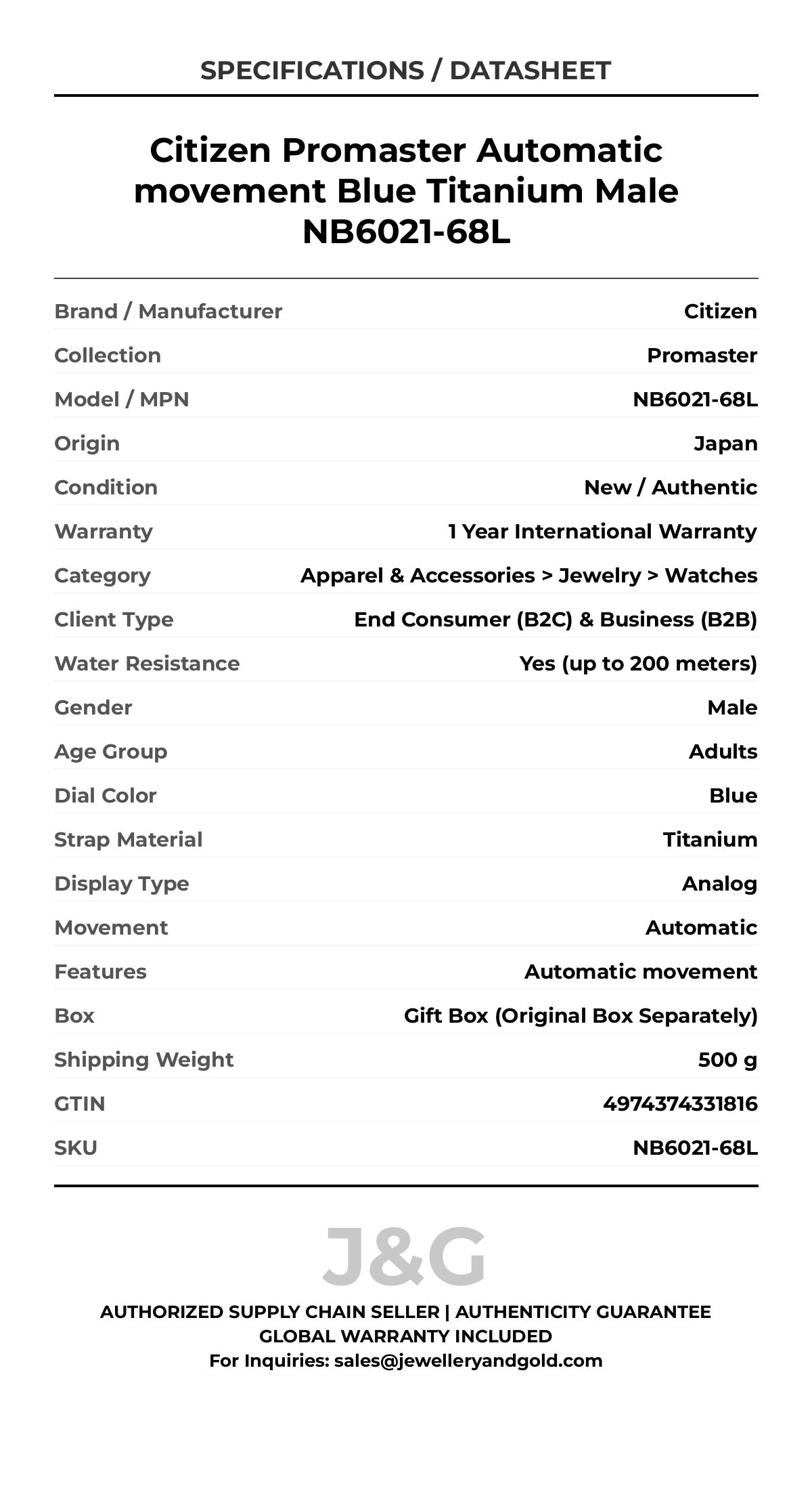 Citizen Promaster Automatic movement Blue Titanium Male NB6021-68L - Specifications