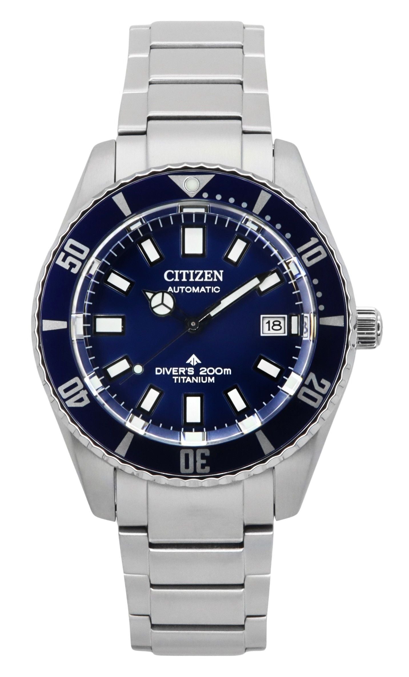 Citizen Promaster Automatic movement Blue Titanium Male NB6021-68L. A brand-new Citizen Promaster watch featuring a Blue dial and a Titanium strap. Side view.