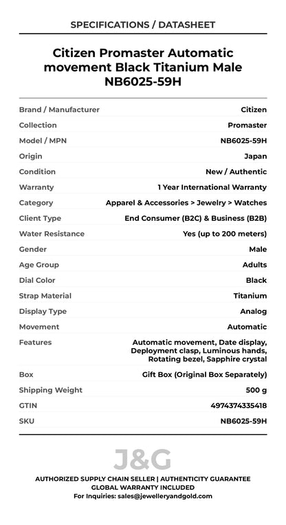 Citizen Promaster Automatic movement Black Titanium Male NB6025-59H - Specifications