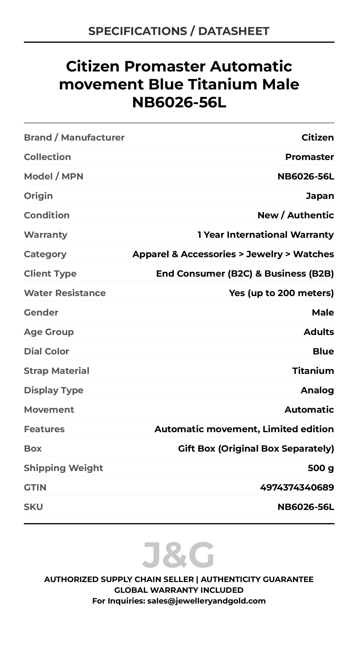 Citizen Promaster Automatic movement Blue Titanium Male NB6026-56L - Specifications
