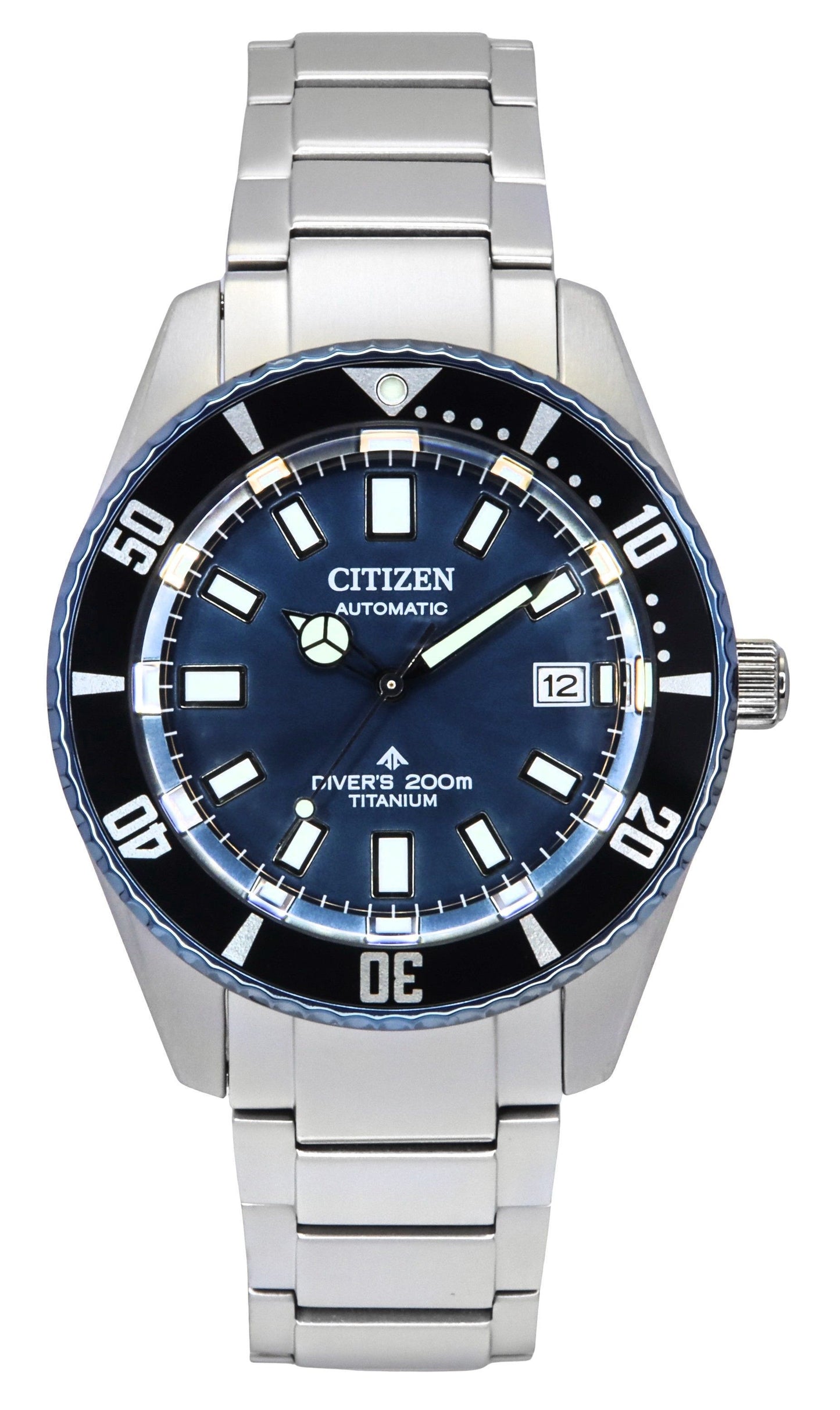 Citizen Promaster Automatic movement Blue Titanium Male NB6026-56L. A brand-new Citizen Promaster watch featuring a Blue dial and a Titanium strap. Front view.