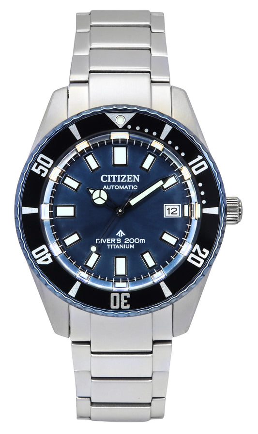 Citizen Promaster Automatic movement Blue Titanium Male NB6026-56L. A brand-new Citizen Promaster watch featuring a Blue dial and a Titanium strap. Front view.