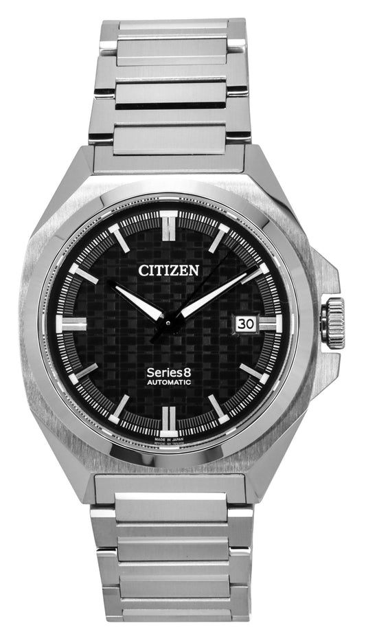 Citizen Series 8 Automatic movement Black Stainless steel Male NB6050-51E. A brand-new Citizen Series 8 watch featuring a Black dial and a Stainless steel strap. Angled view.