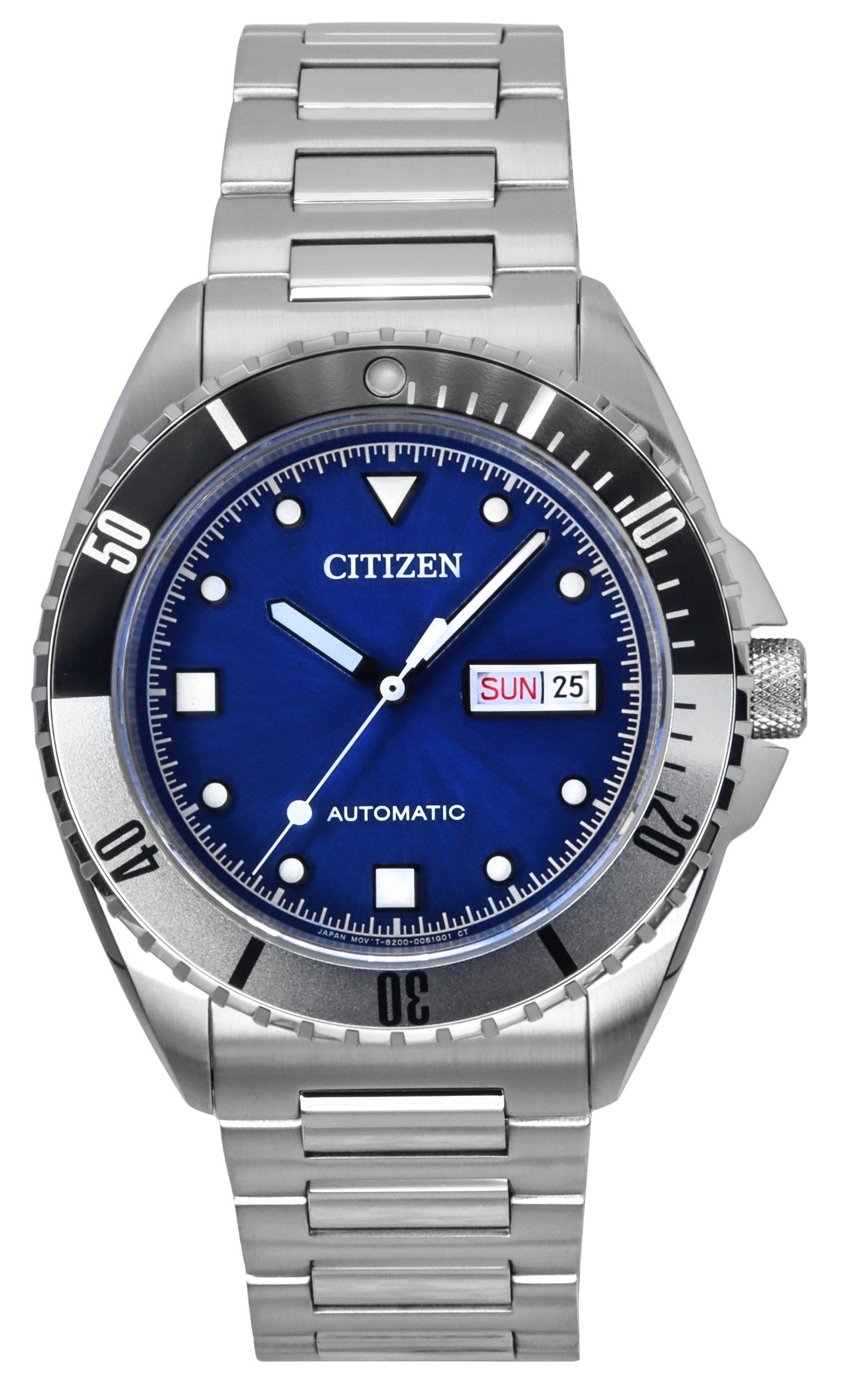 Citizen Automatic movement Blue Stainless steel Male NH7530-52M. A brand-new Citizen watch featuring a Blue dial and a Stainless steel strap. Side view.