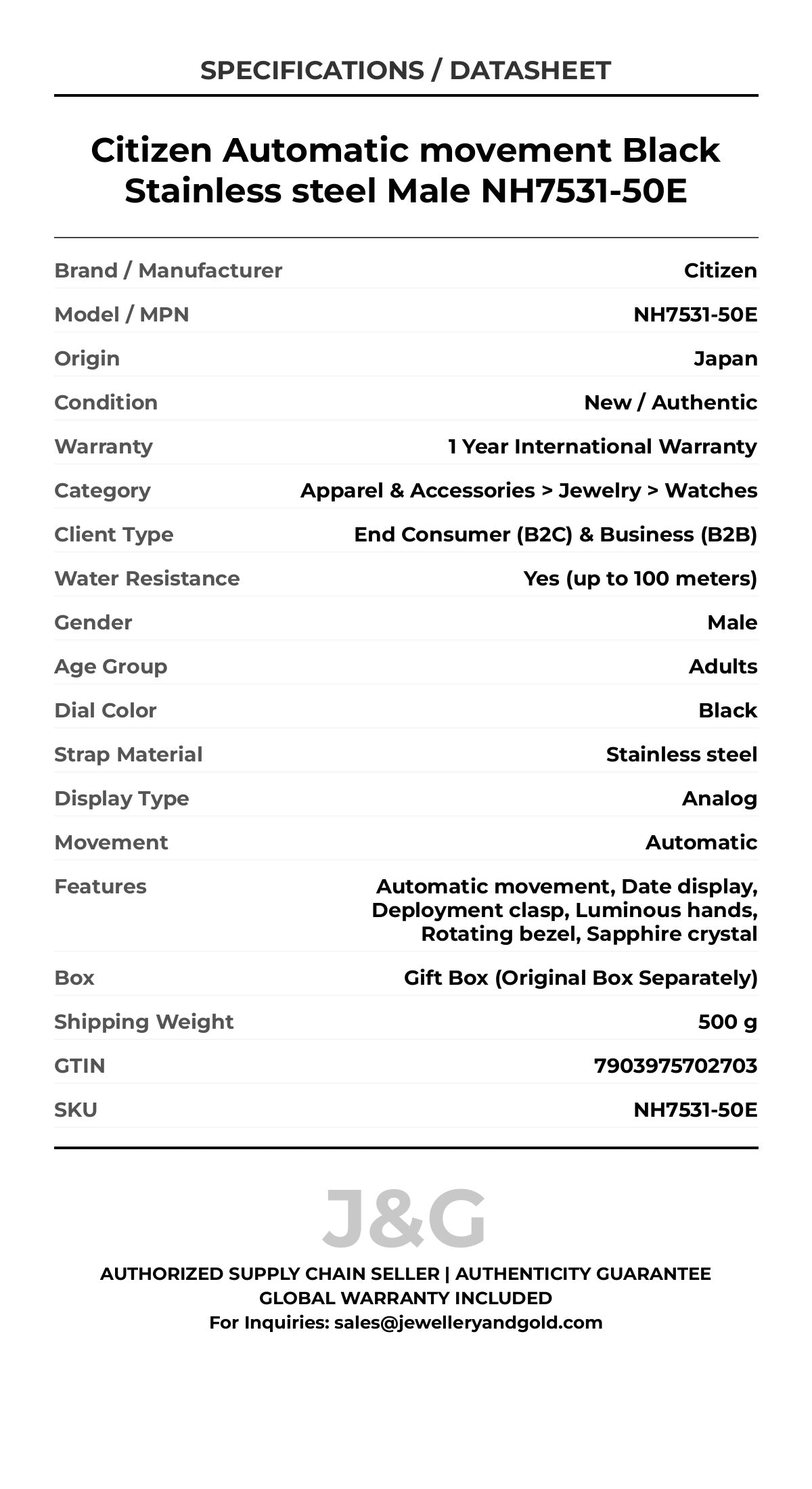 Citizen Automatic movement Black Stainless steel Male NH7531-50E - Specifications