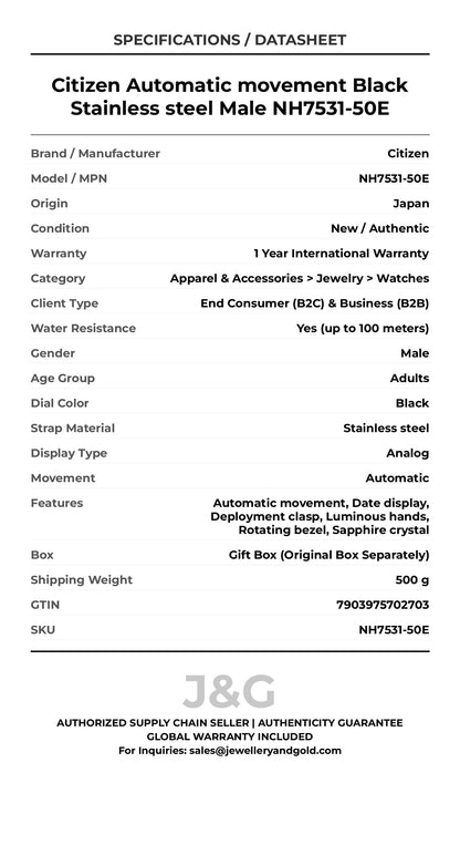 Citizen Automatic movement Black Stainless steel Male NH7531-50E - Specifications