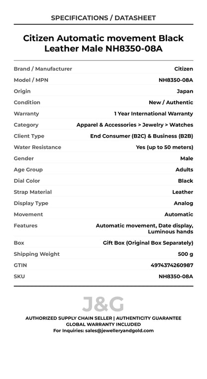 Citizen Automatic movement Black Leather Male NH8350-08A - Specifications