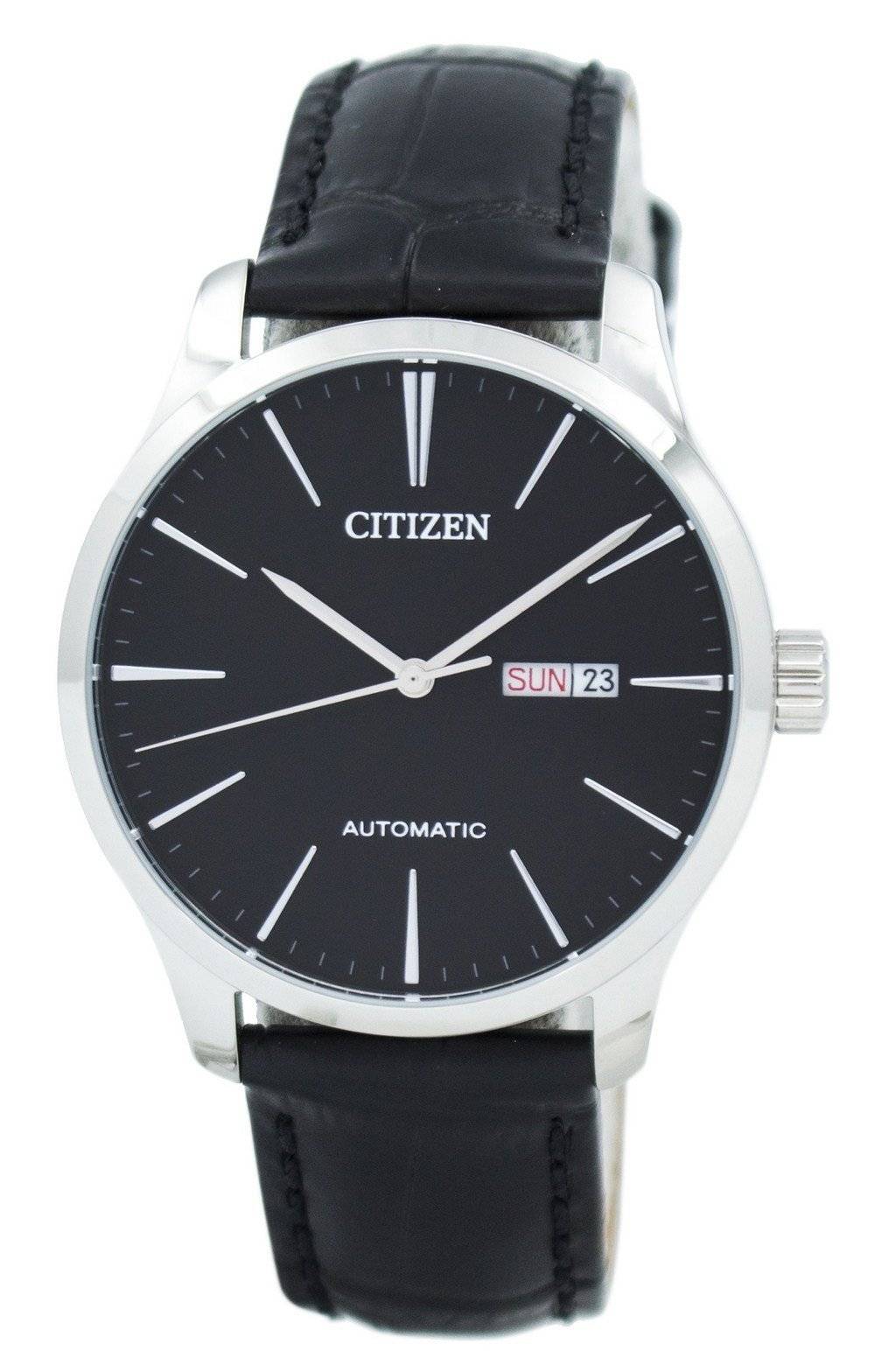 Citizen Automatic movement Black Leather Male NH8350-08E. A brand-new Citizen watch featuring a Black dial and a Leather strap. Angled view.