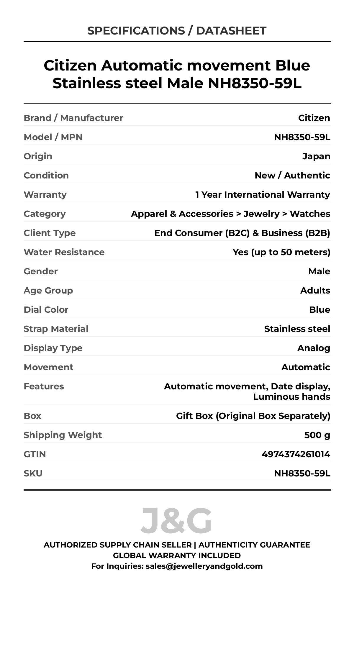 Citizen Automatic movement Blue Stainless steel Male NH8350-59L - Specifications