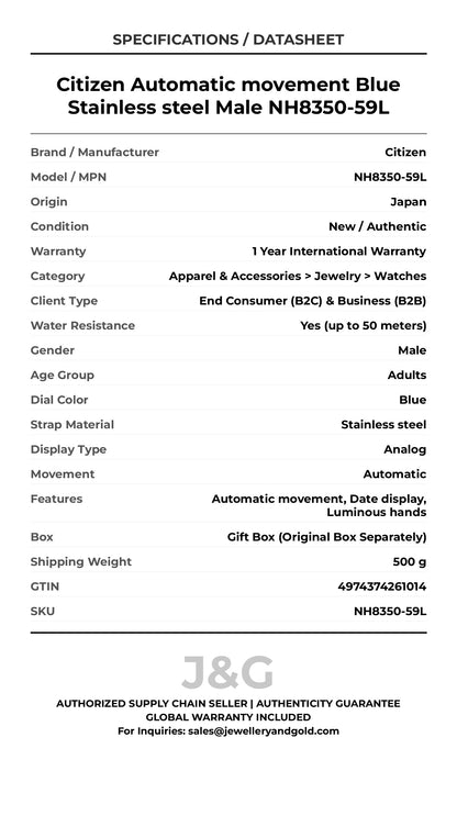 Citizen Automatic movement Blue Stainless steel Male NH8350-59L - Specifications