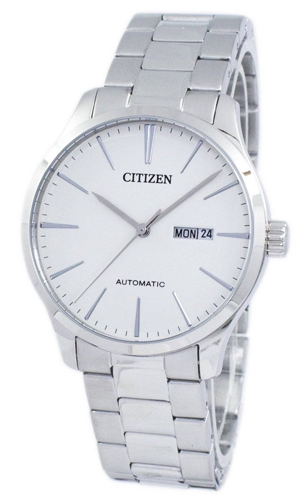 Citizen Automatic movement White Stainless steel Male NH8350-83A. A brand-new Citizen watch featuring a White dial and a Stainless steel strap. Angled view.