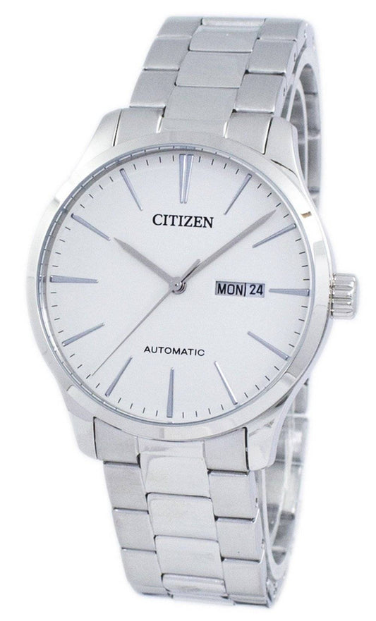 Citizen Automatic movement White Stainless steel Male NH8350-83A. A brand-new Citizen watch featuring a White dial and a Stainless steel strap. Angled view.