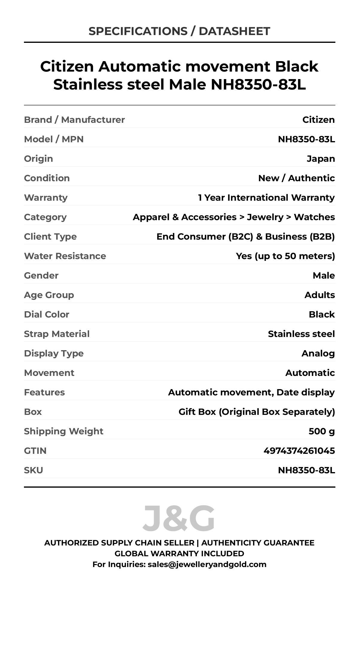 Citizen Automatic movement Black Stainless steel Male NH8350-83L - Specifications