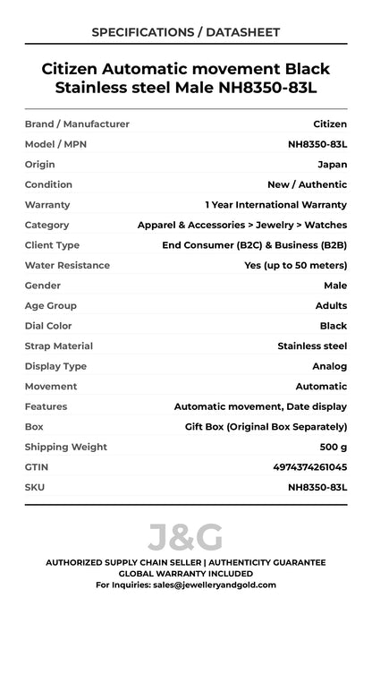 Citizen Automatic movement Black Stainless steel Male NH8350-83L - Specifications