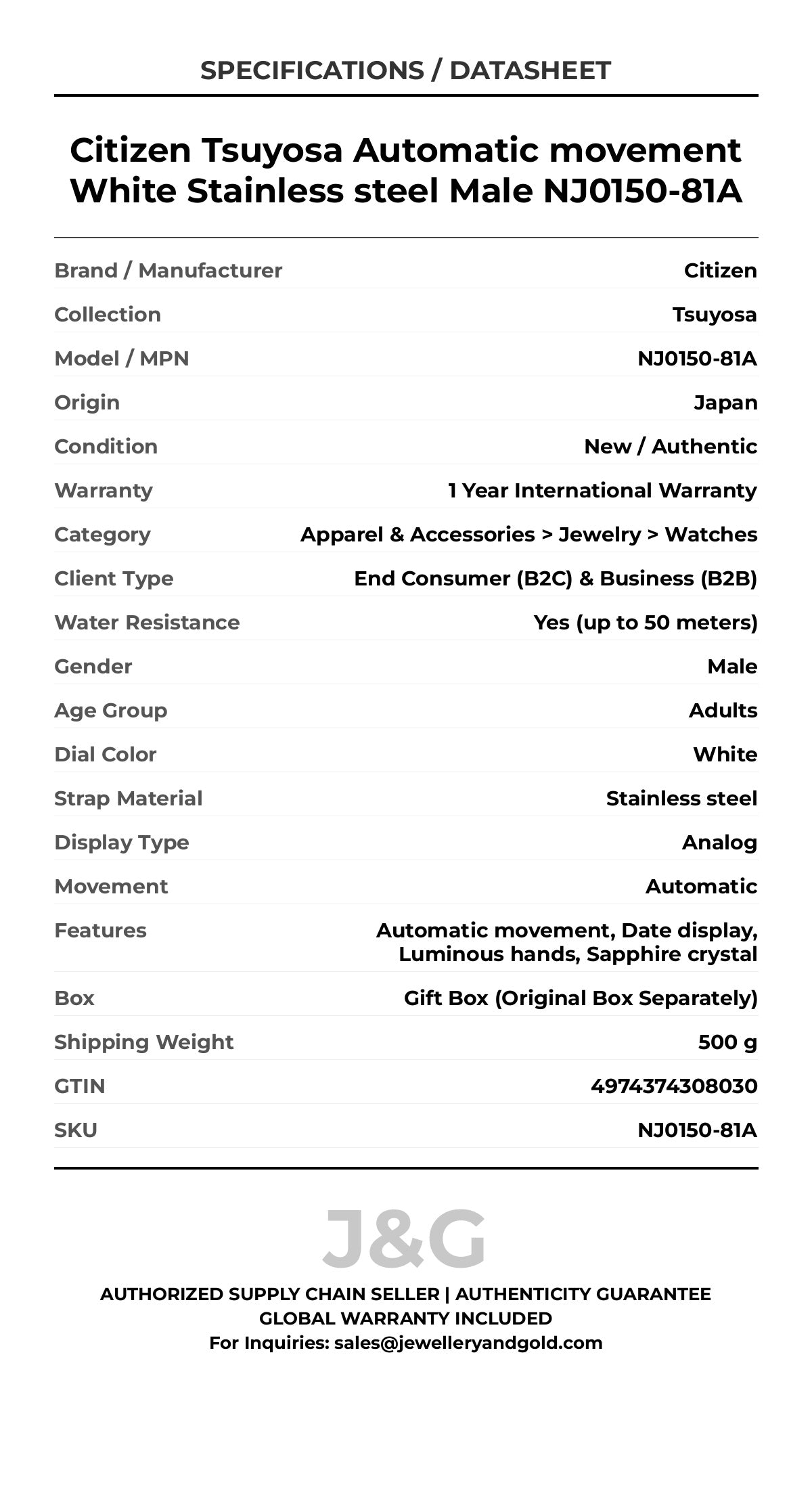 Citizen Tsuyosa Automatic movement White Stainless steel Male NJ0150-81A - Specifications