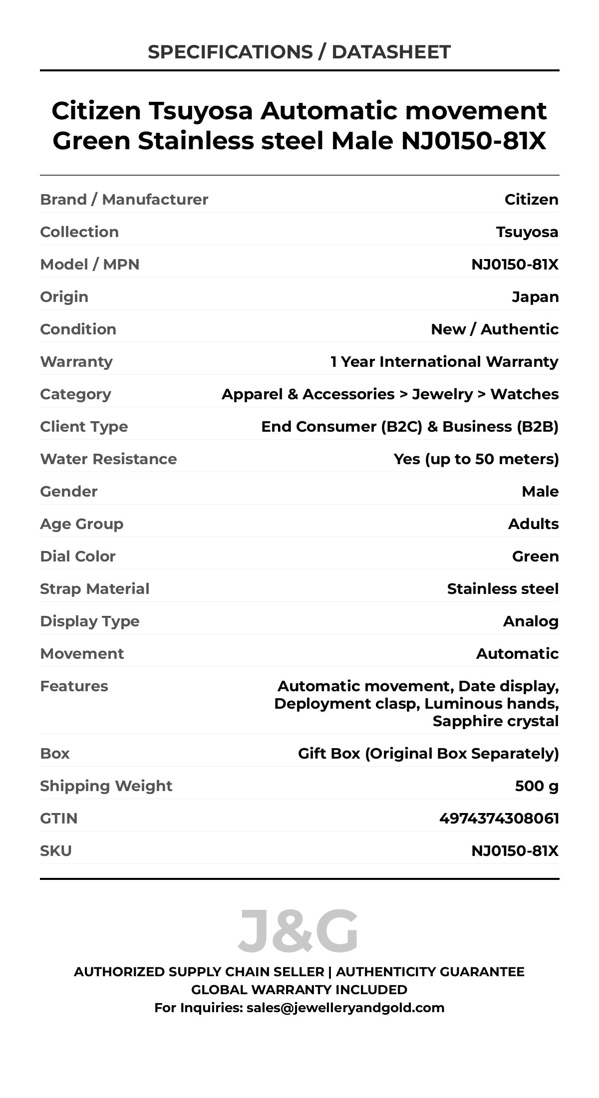 Citizen Tsuyosa Automatic movement Green Stainless steel Male NJ0150-81X - Specifications