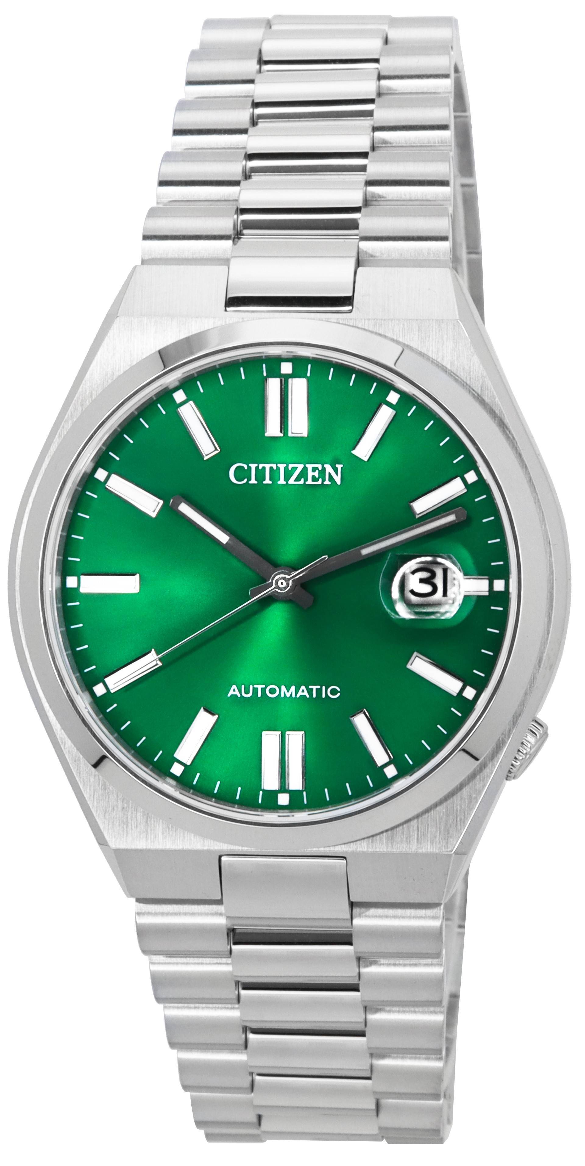 Citizen Tsuyosa Automatic movement Green Stainless steel Male NJ0150-81X. A brand-new Citizen Tsuyosa watch featuring a Green dial and a Stainless steel strap. Angled view.