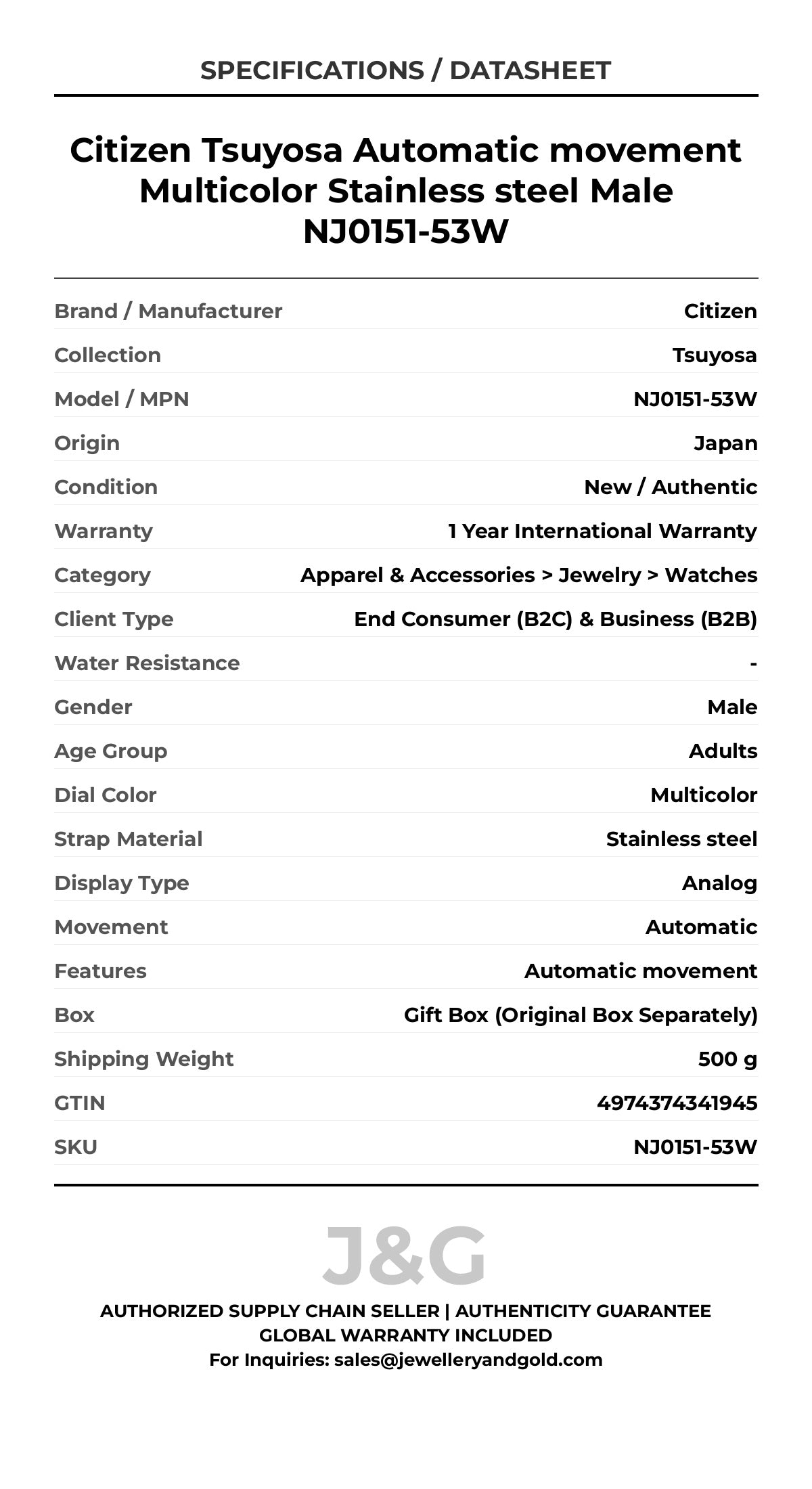 Citizen Tsuyosa Automatic movement Multicolor Stainless steel Male NJ0151-53W - Specifications