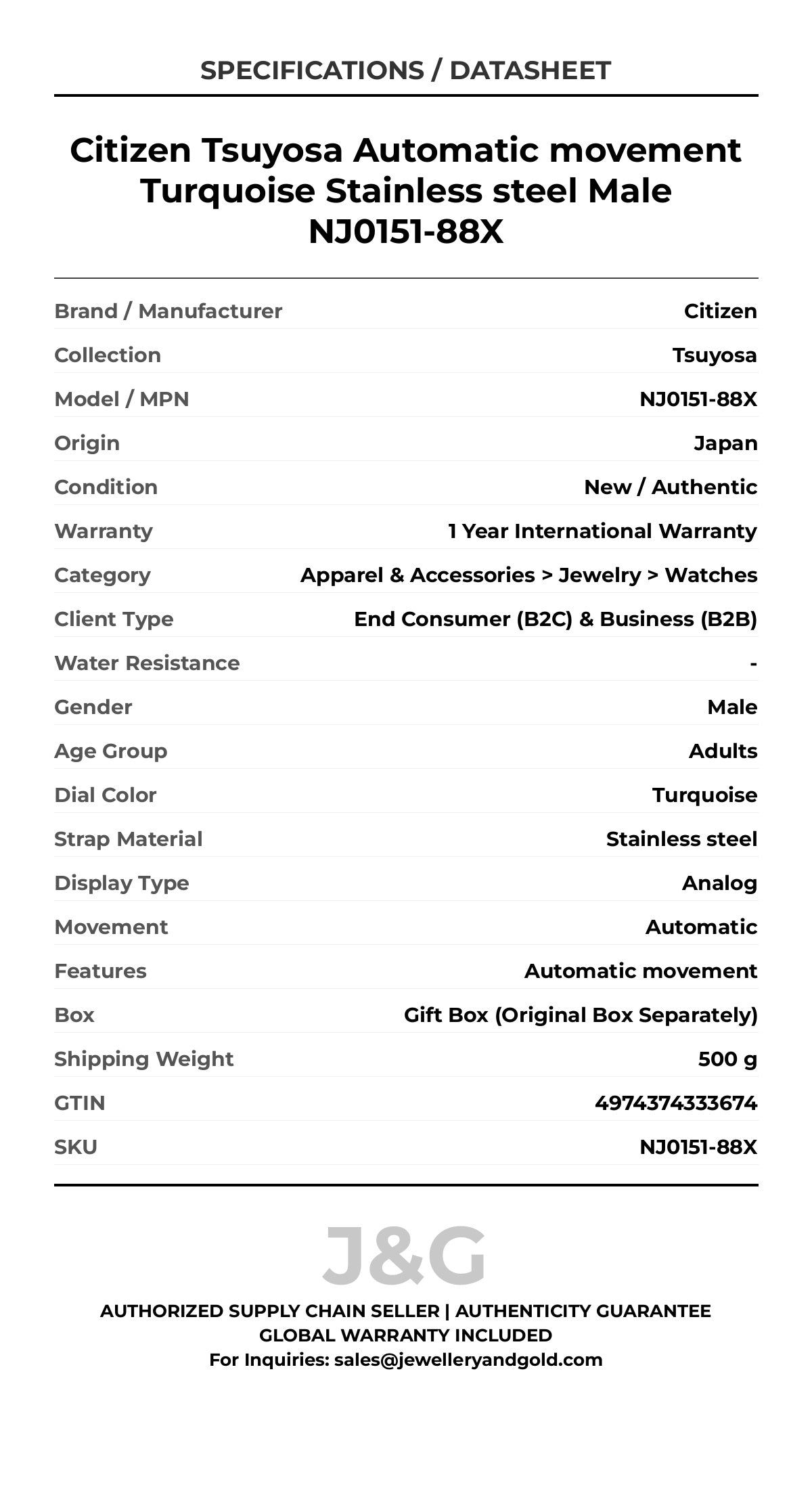 Citizen Tsuyosa Automatic movement Turquoise Stainless steel Male NJ0151-88X - Specifications