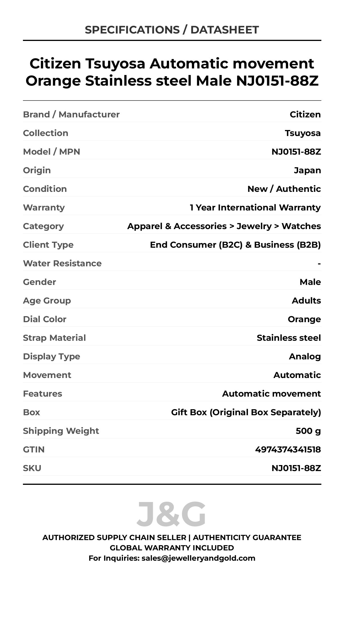Citizen Tsuyosa Automatic movement Orange Stainless steel Male NJ0151-88Z - Specifications