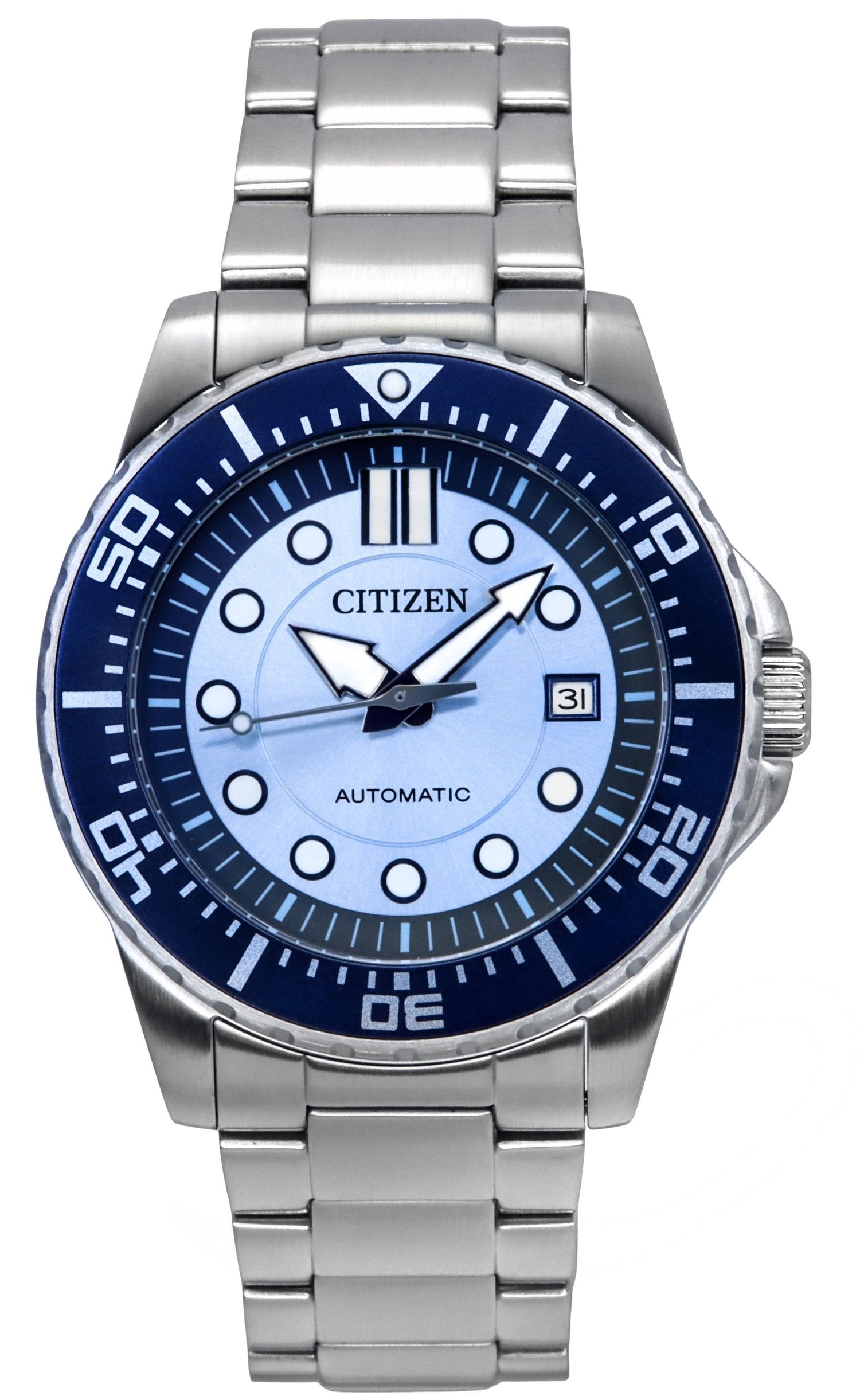 Citizen Automatic movement Blue Stainless steel Male NJ0178-81M. A brand-new Citizen watch featuring a Blue dial and a Stainless steel strap. Angled view.