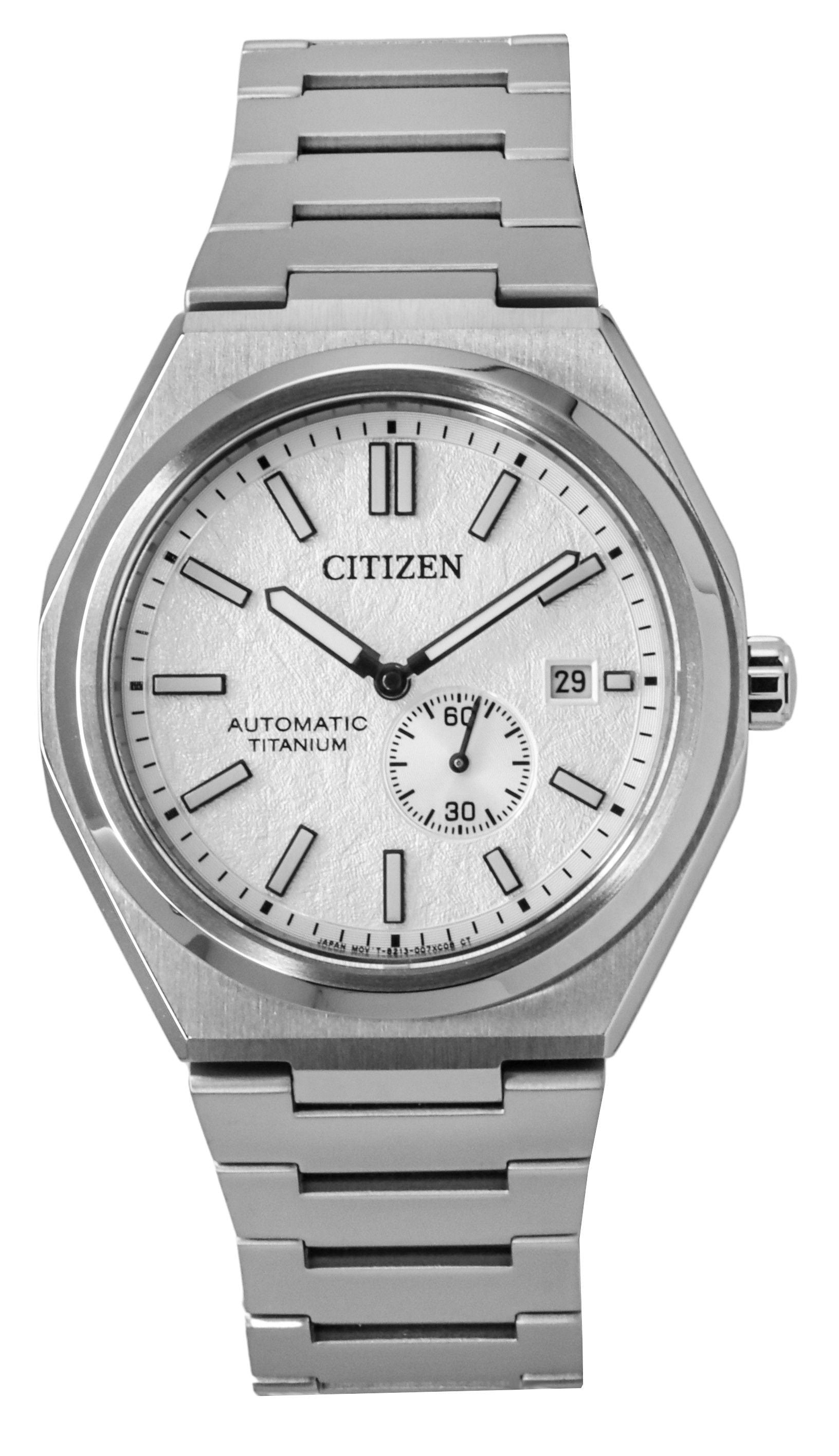 Citizen Zenshin Automatic movement Silver Titanium Male NJ0180-80A. A brand-new Citizen Zenshin watch featuring a Silver dial and a Titanium strap. Angled view.