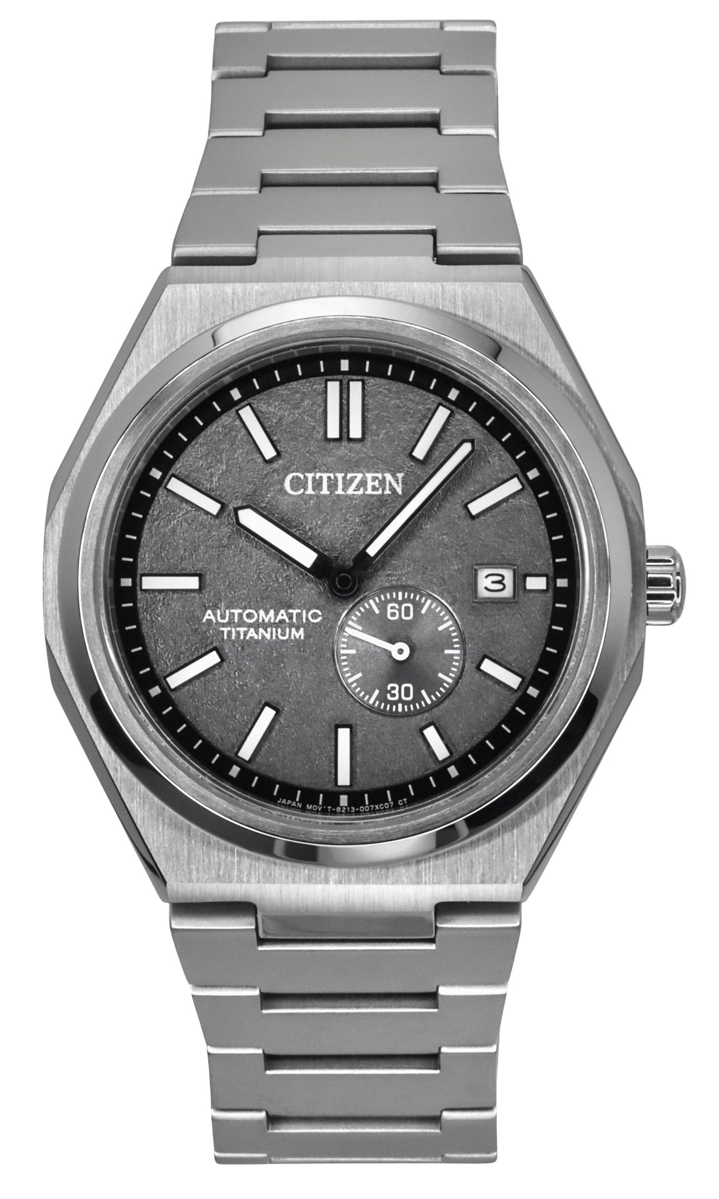 Citizen Zenshin Automatic movement Grey Titanium Male NJ0180-80H. A brand-new Citizen Zenshin watch featuring a Grey dial and a Titanium strap. Side view.