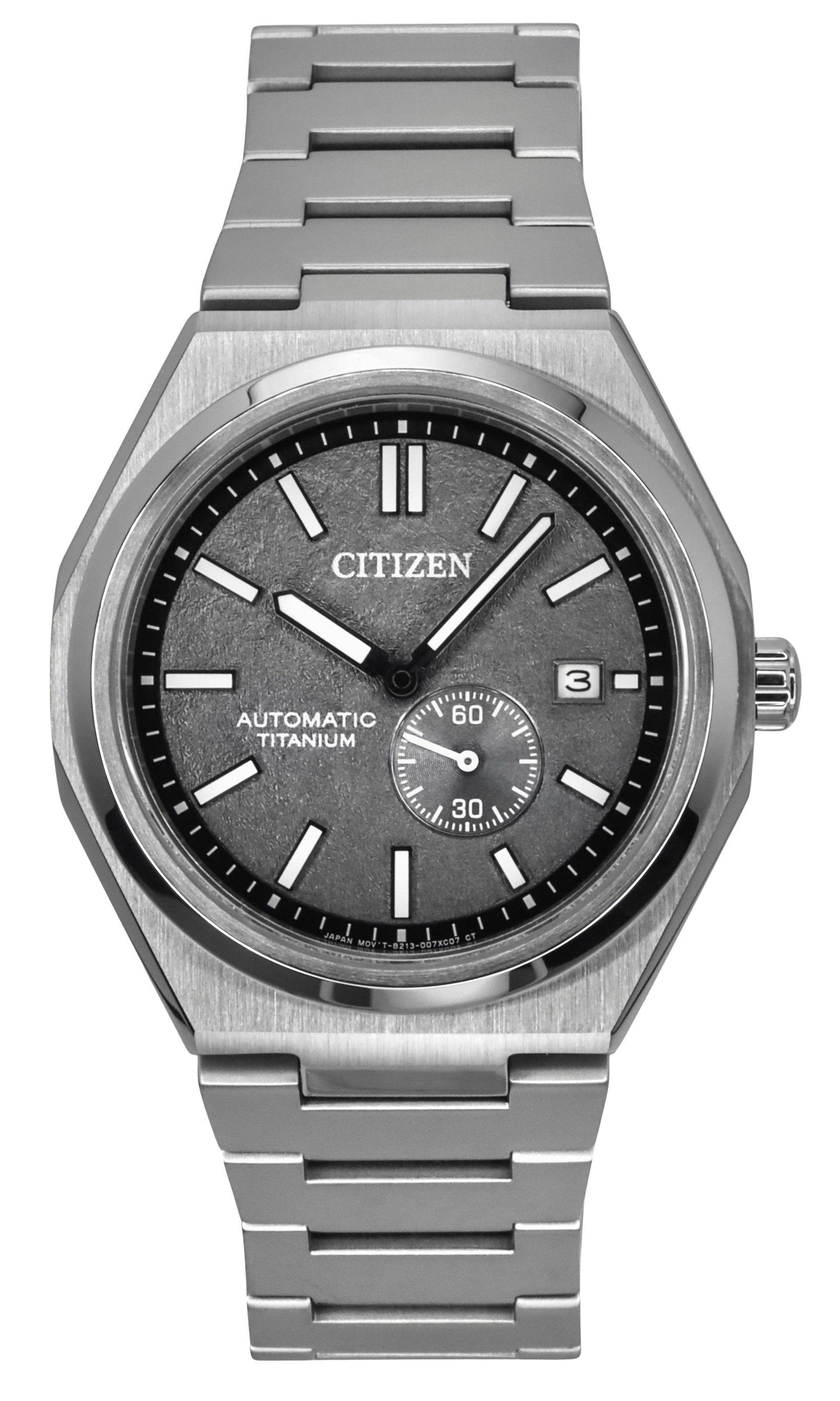 Citizen Zenshin Automatic movement Grey Titanium Male NJ0180-80H. A brand-new Citizen Zenshin watch featuring a Grey dial and a Titanium strap. Side view.