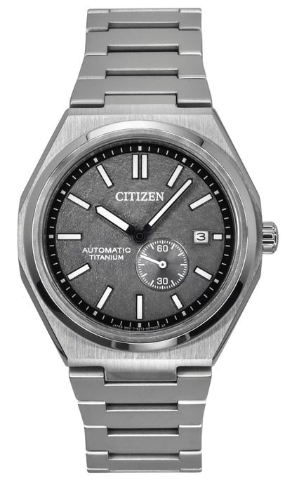 Citizen Zenshin Automatic movement Grey Titanium Male NJ0180-80H. A brand-new Citizen Zenshin watch featuring a Grey dial and a Titanium strap. Side view.
