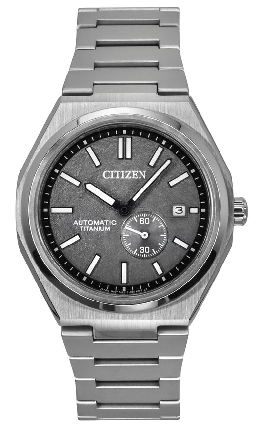 Citizen Zenshin Automatic movement Grey Titanium Male NJ0180-80H. A brand-new Citizen Zenshin watch featuring a Grey dial and a Titanium strap. Side view.