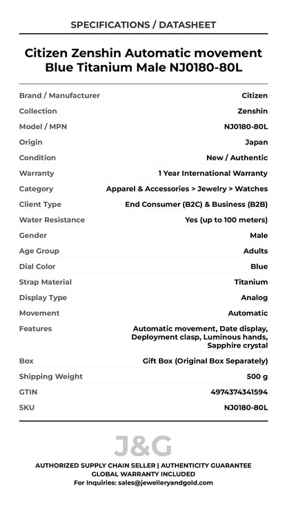 Citizen Zenshin Automatic movement Blue Titanium Male NJ0180-80L - Specifications