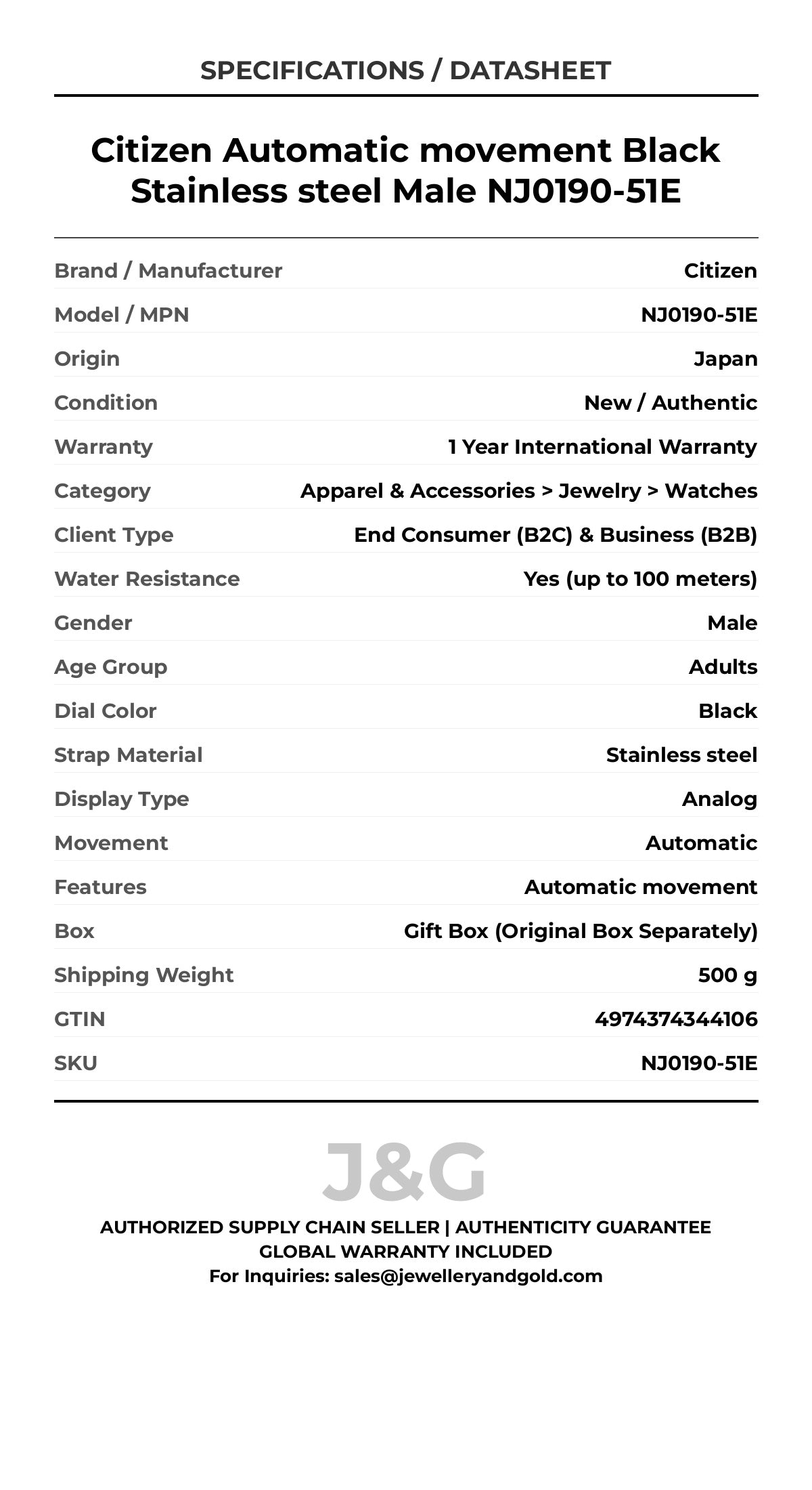 Citizen Automatic movement Black Stainless steel Male NJ0190-51E - Specifications
