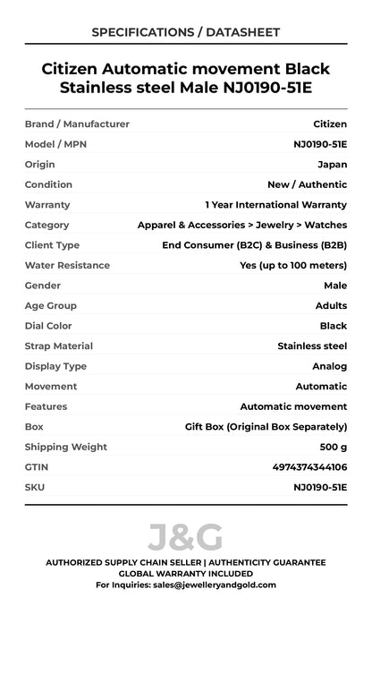 Citizen Automatic movement Black Stainless steel Male NJ0190-51E - Specifications